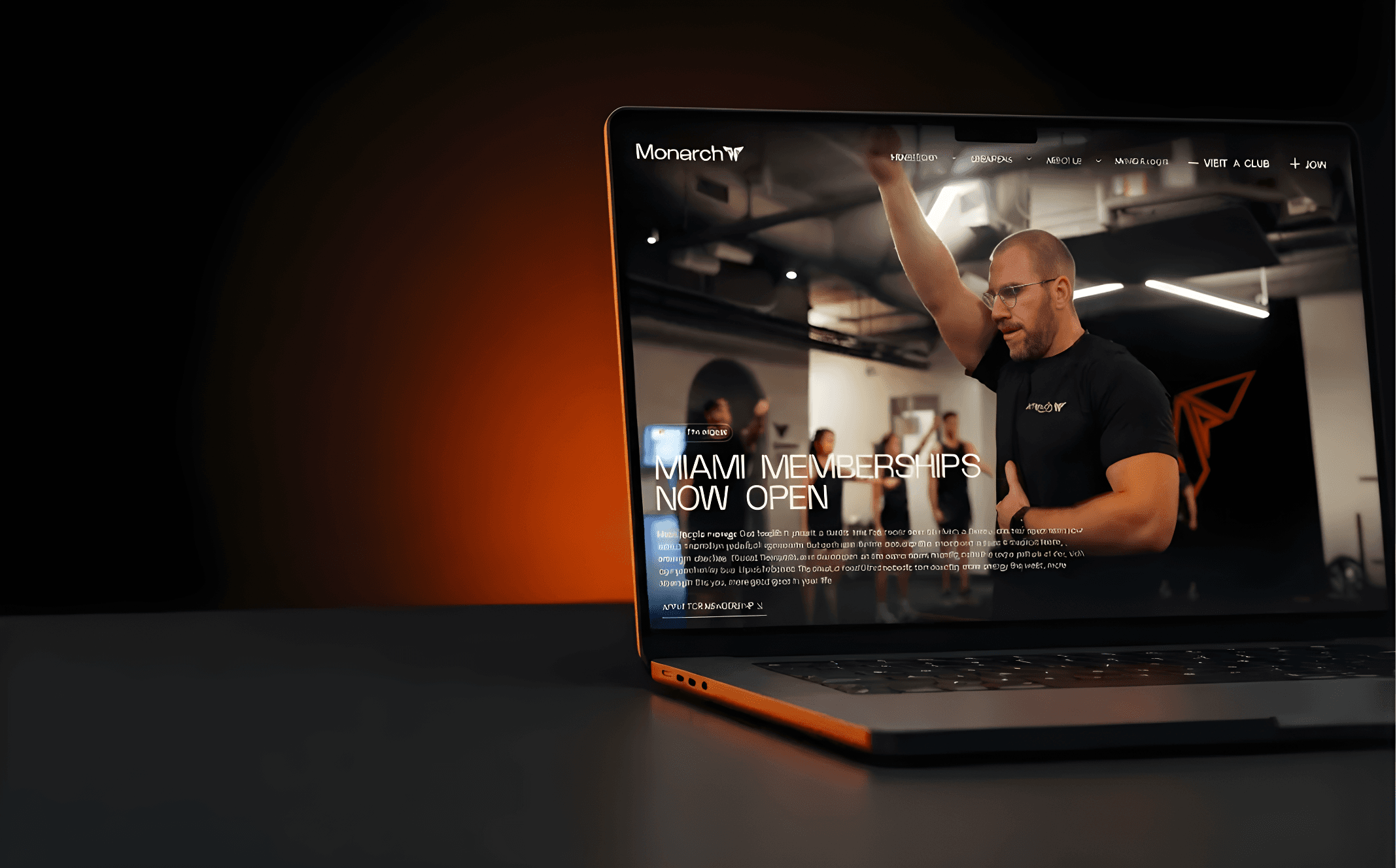 Monarch Clubs website on a laptop, built with Next.js by Wix Engine