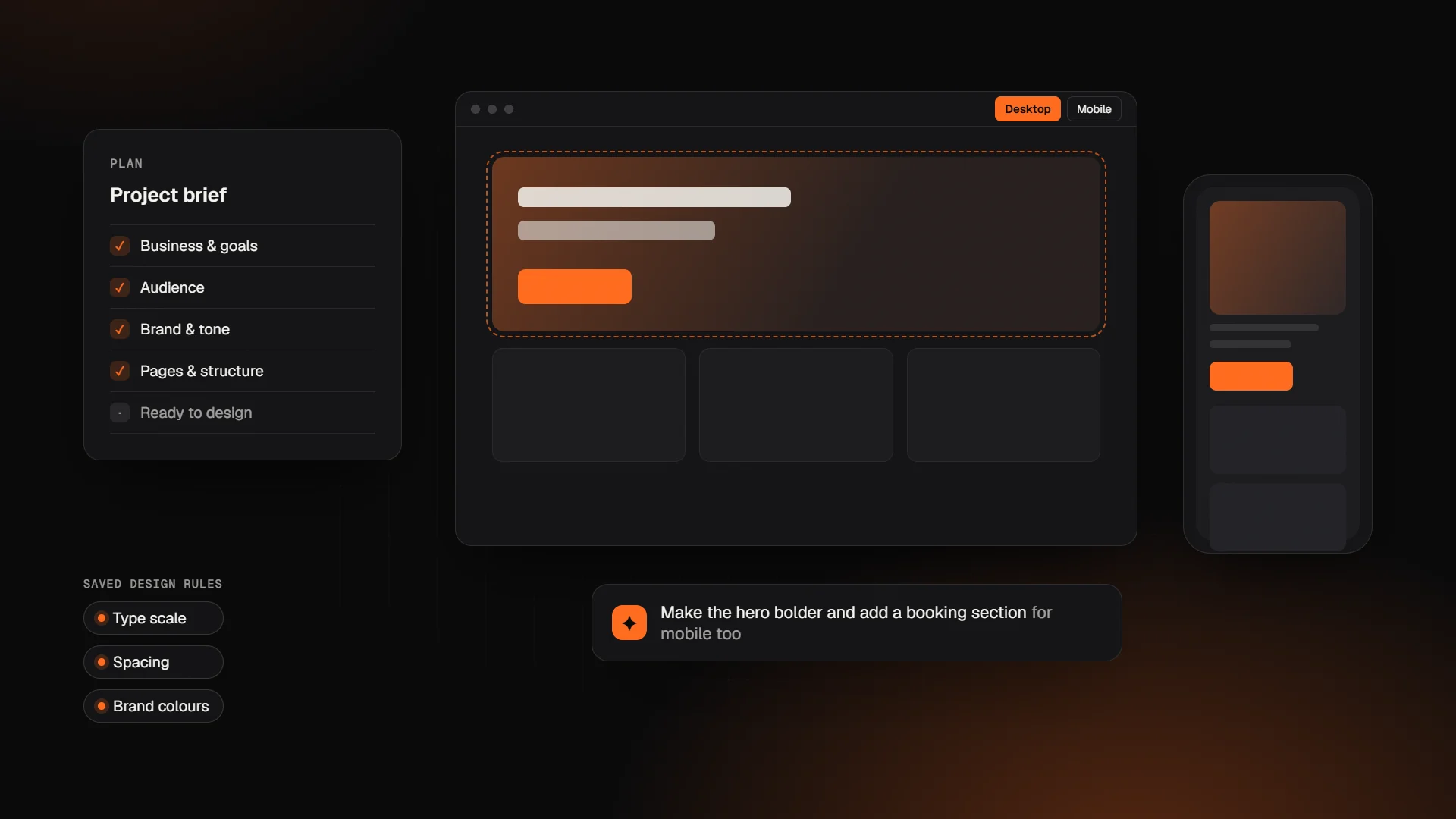 Illustration: a project brief, desktop and mobile layouts and an AI prompt, representing the next Wix Studio editor